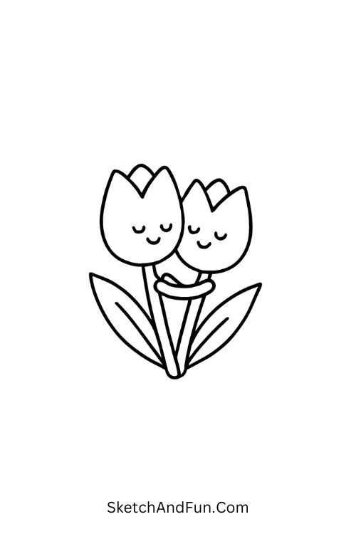 Two tulips hugging with tiny arms and faces for spring cute doodles