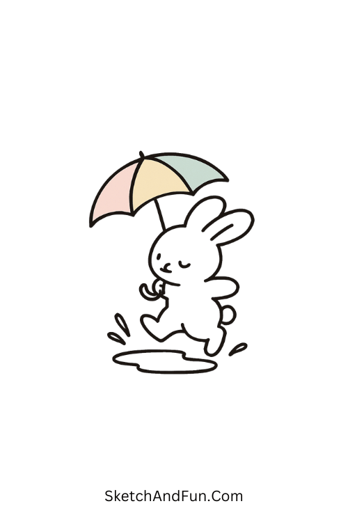 Bunnies hopping in puddles with pastel umbrellas for spring doodles for kids