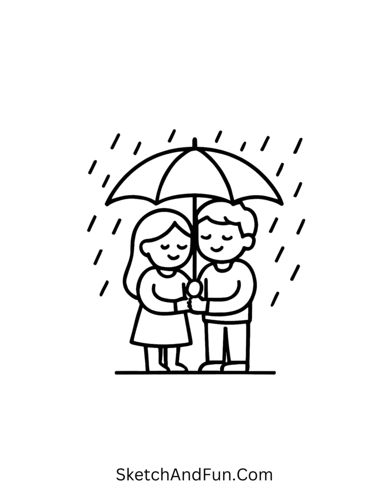 Sharing one umbrella in rain as romantic couple doodles