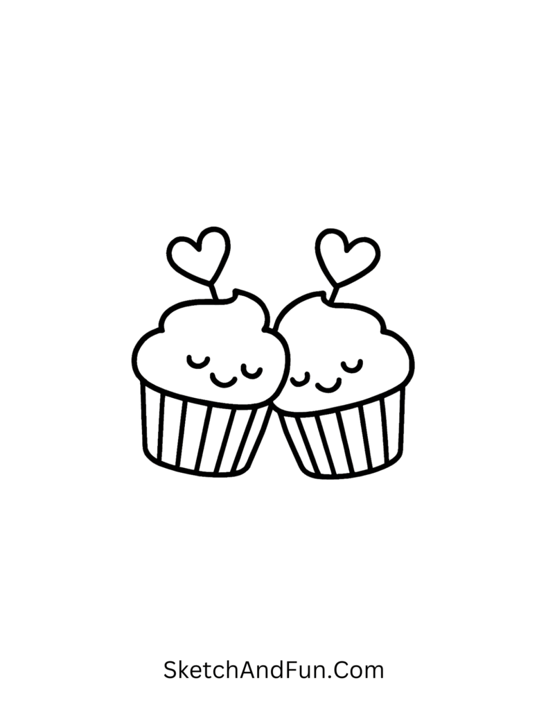 Two heart topped cupcakes leaning together, friendly look for February doodles easy