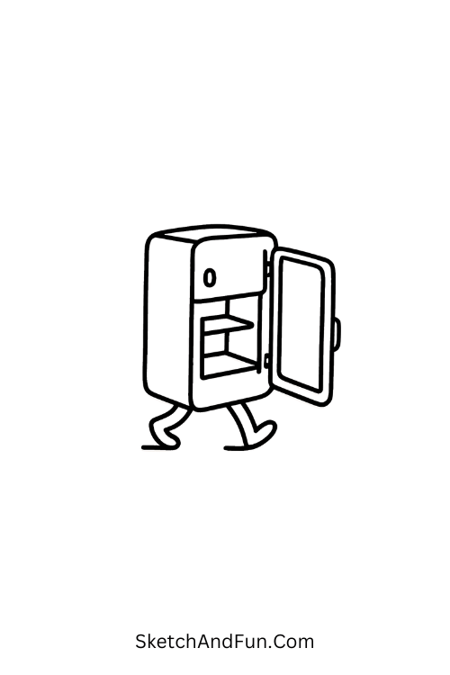 Walking Fridge, fridge on little legs wandering open door in cursed monster doodles