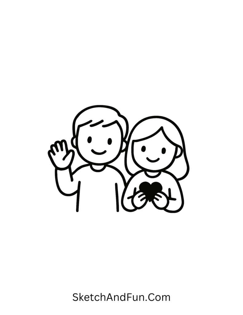 Waving goodbye with heart in cute couple doodles for kids