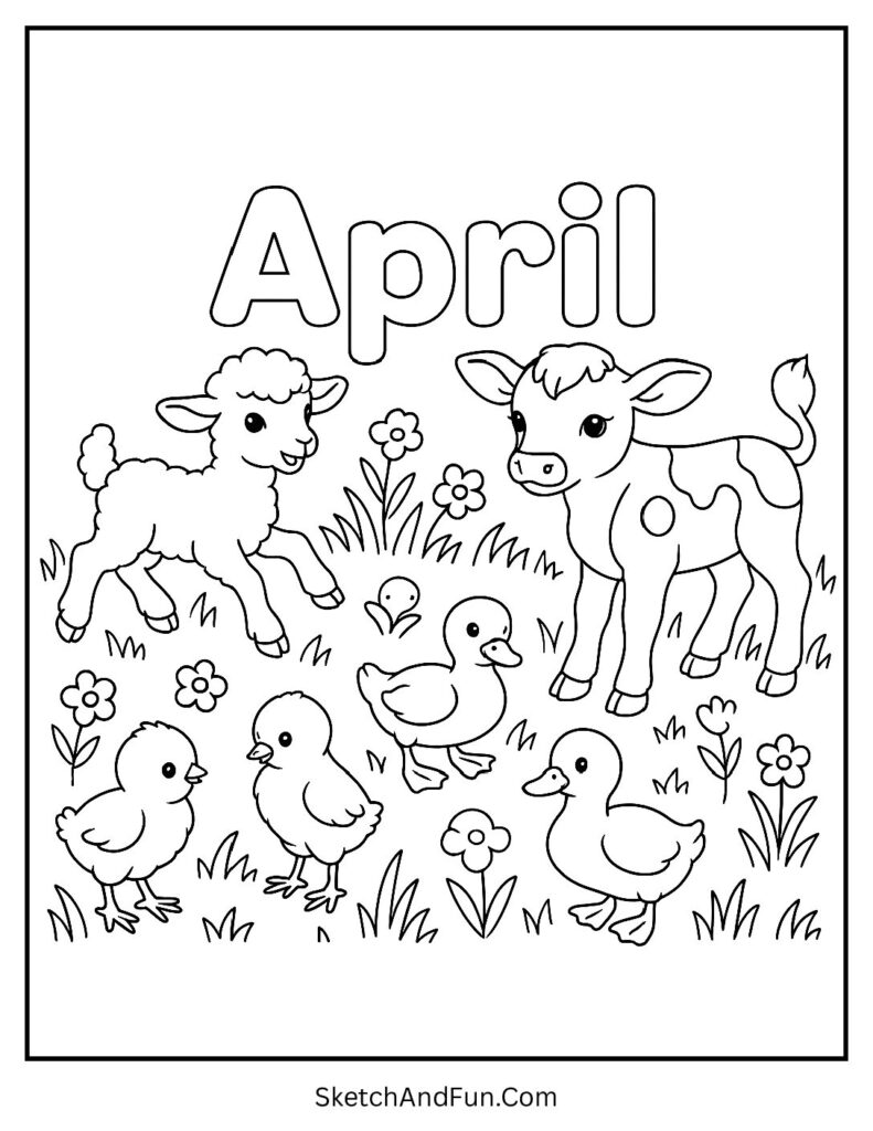 A coloring page of baby lambs and chicks under April text, april coloring pages for kids