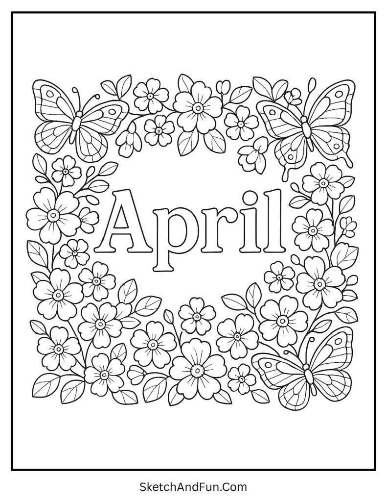A coloring page of butterfly flower frame around April, april coloring pages to print