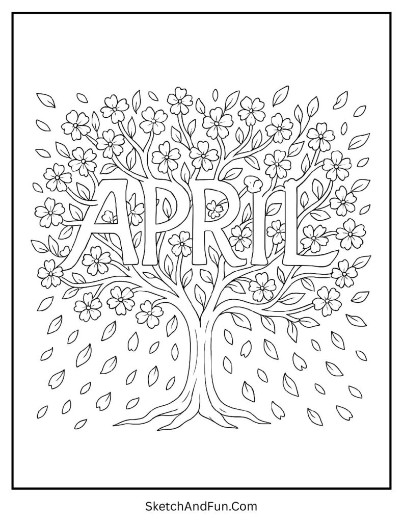 A coloring page of blossom tree shaped April letters, april seasonal coloring pages
