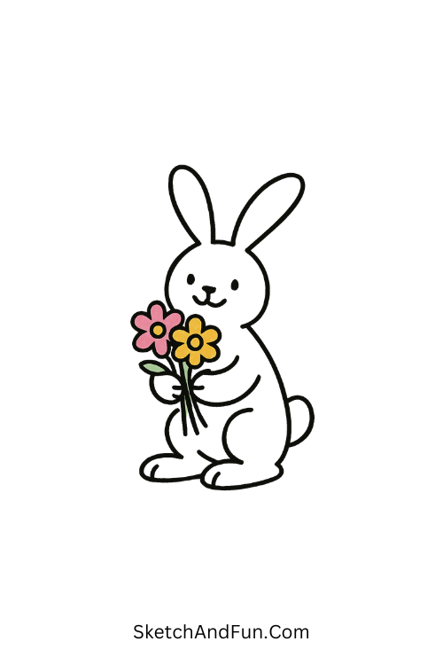 A playful bunny holding a flower bouquet, Easter drawing ideas April