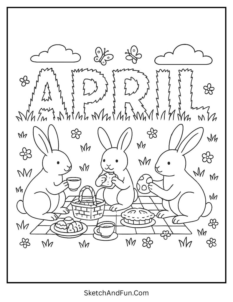 A coloring page of bunny ear letters April with rabbits at a picnic, april bunny coloring pages