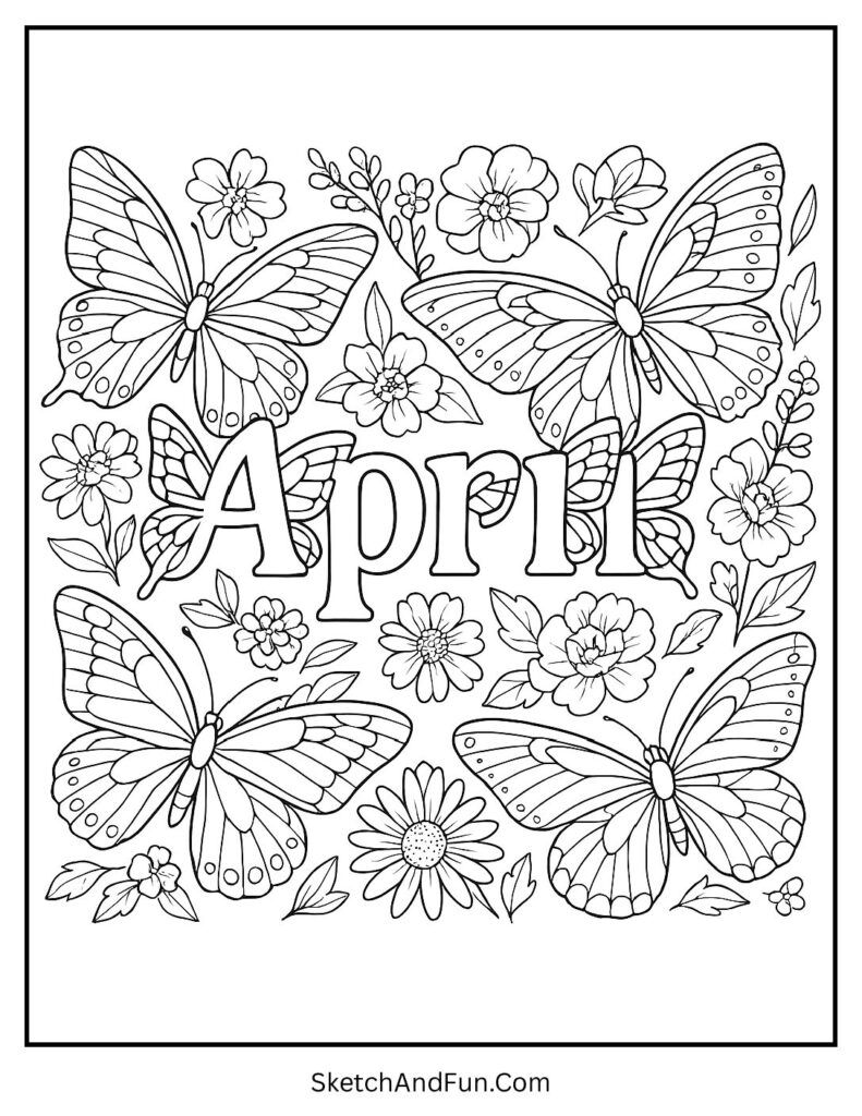A coloring page of butterfly wing letters April in a garden, april nature coloring pages