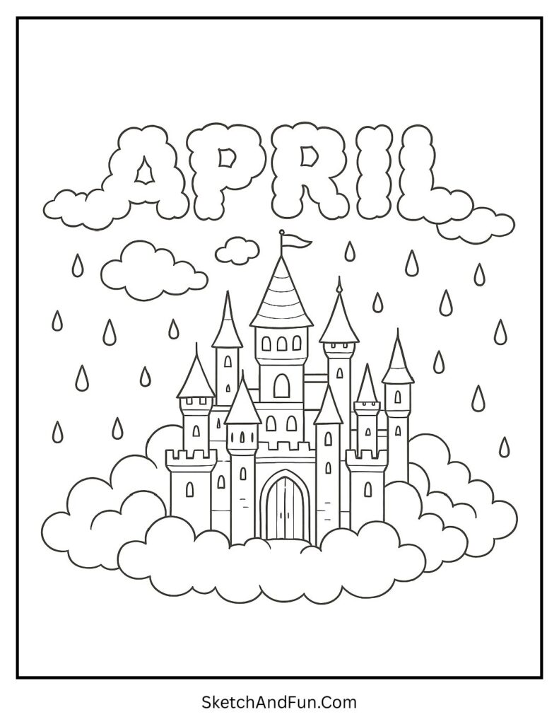 A coloring page of cloud shaped April near a castle, cute april coloring pages