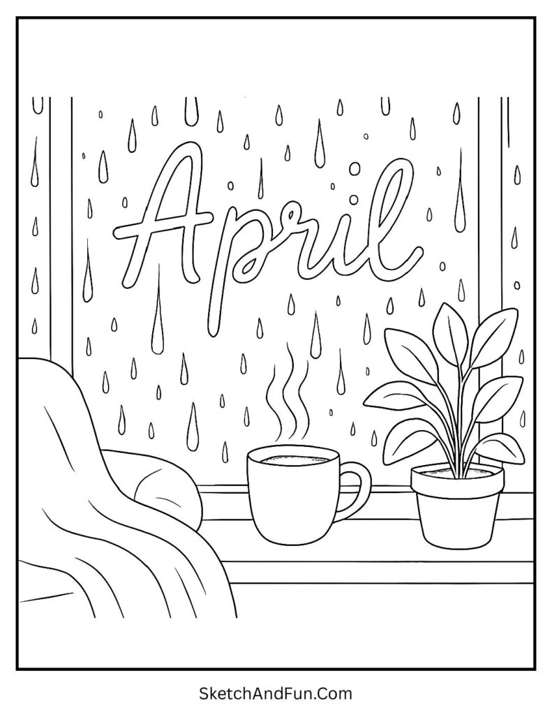A coloring page of cozy window scene with rainy April text, april coloring pages for toddlers