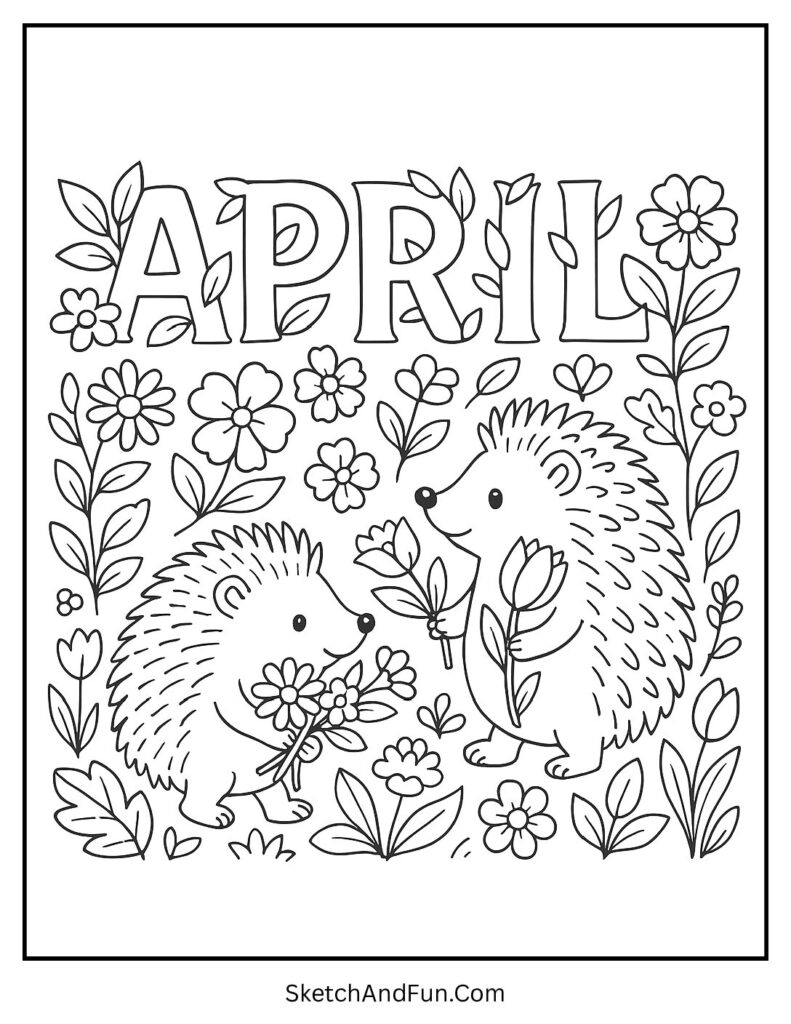 A coloring page of hedgehogs and leafy April letters, april coloring pages black and white