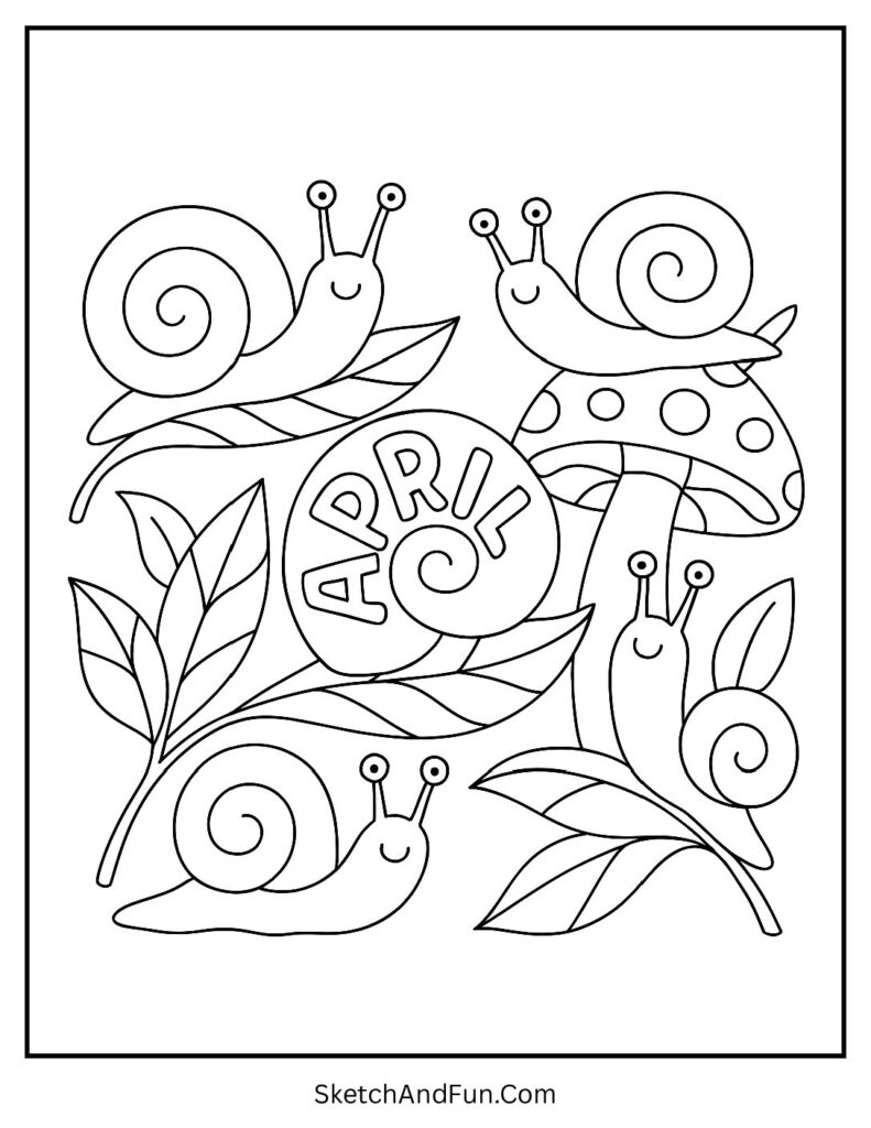 A coloring page of spiral snail style April letters, simple april coloring pages