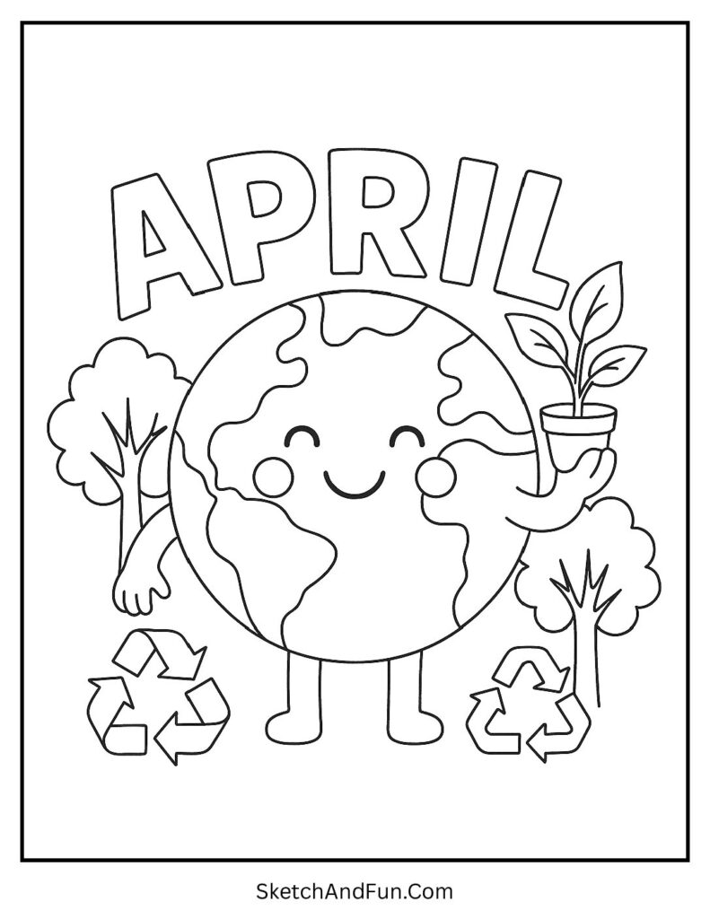A coloring page of smiling Earth with April wrapped around it, april earth day coloring pages