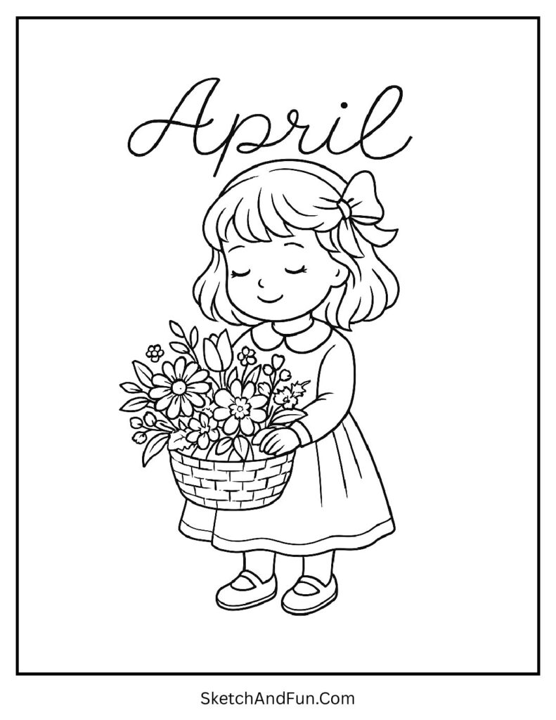 A coloring page of girl with flower basket under April text, april coloring pages for special education