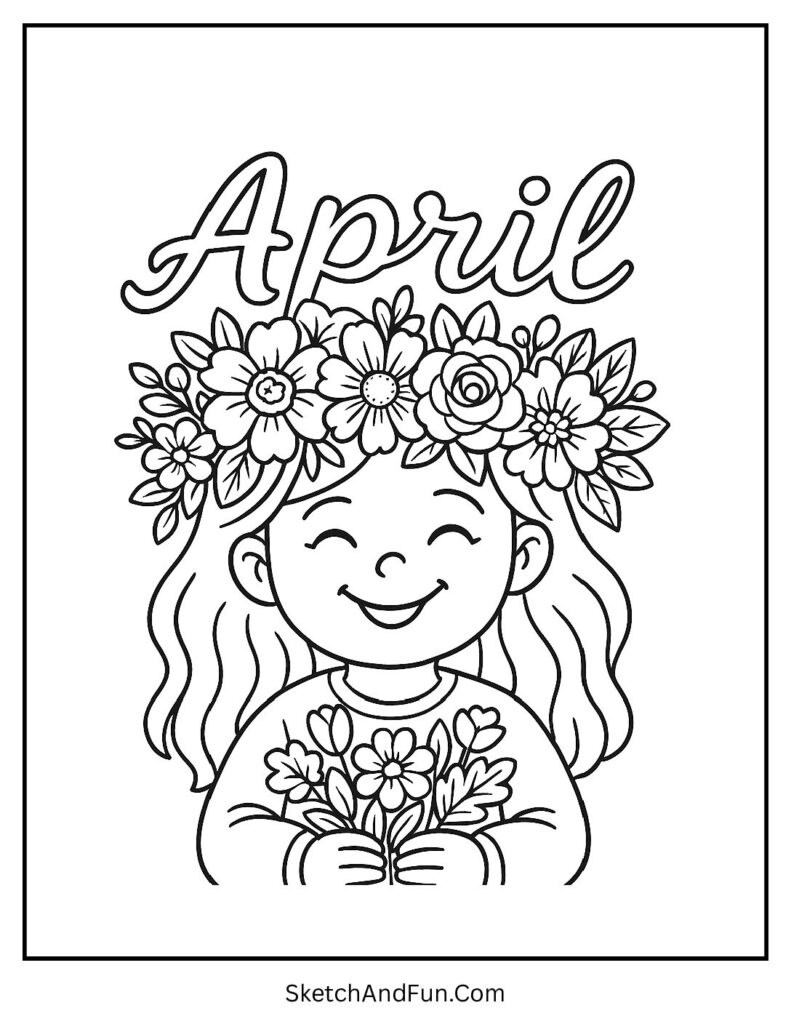 A coloring page of girl with flower crown under April text, april coloring pages for grade 2