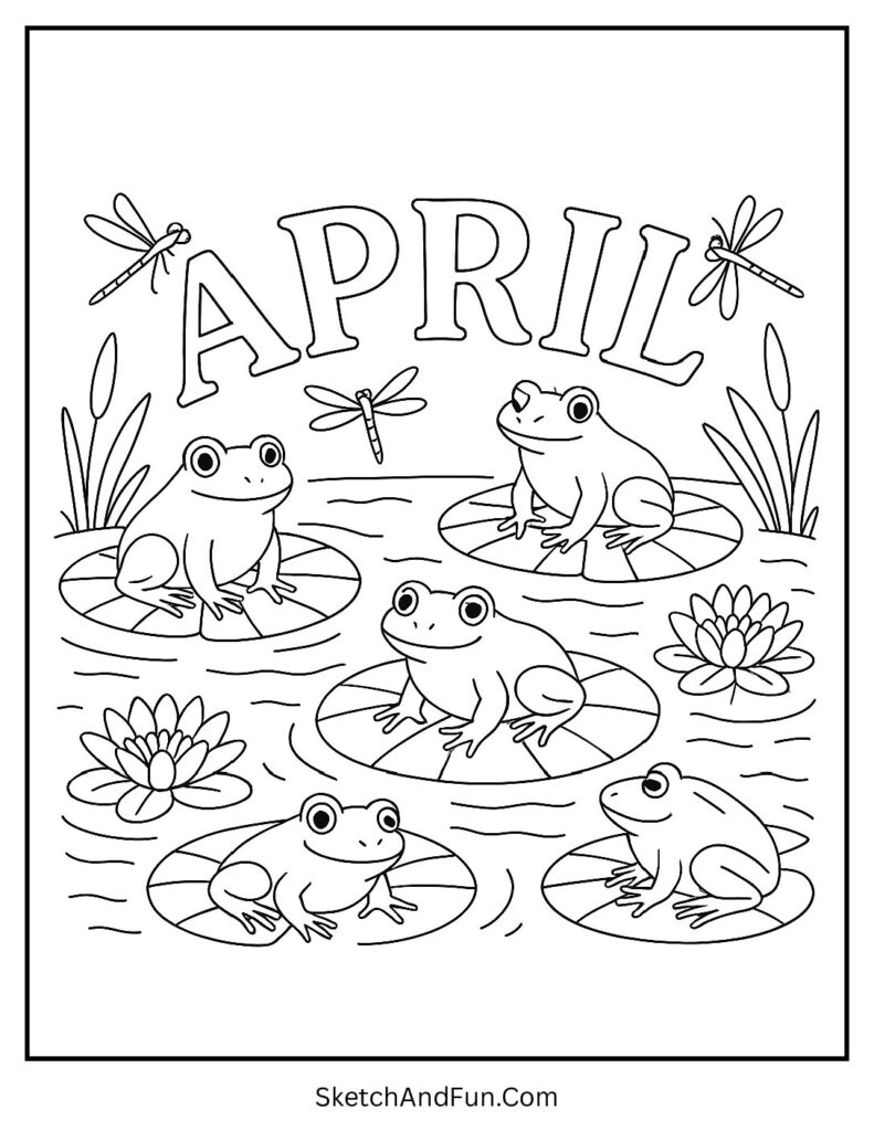 A coloring page of frogs and lily pads under April letters, april coloring pages easy