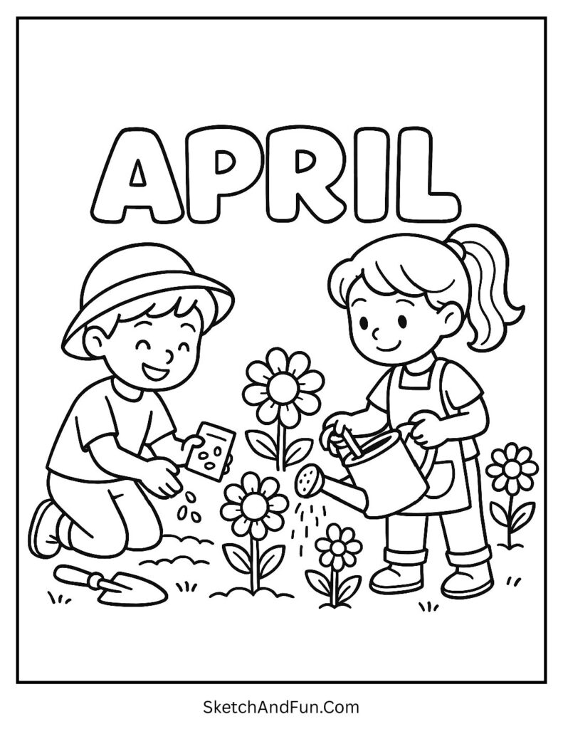A coloring page of kids planting flowers under April text, april gardening coloring pages