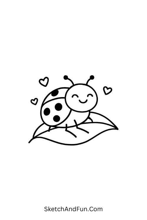 A joyful ladybug on a green leaf with hearts, April nature drawing ideas