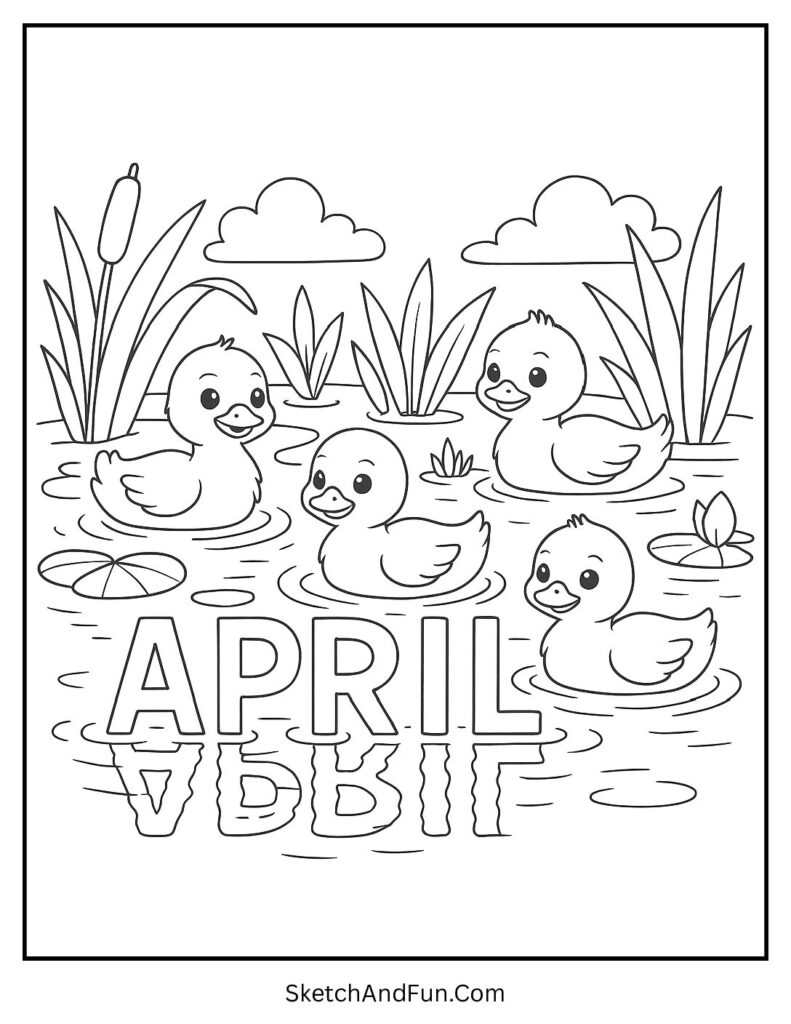 A coloring page of ducklings swimming with April reflection, april coloring pages classroom