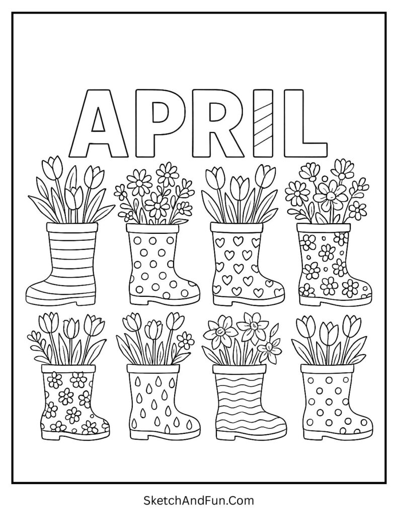A coloring page of patterned rain boots below bold April letters, april coloring pages printable