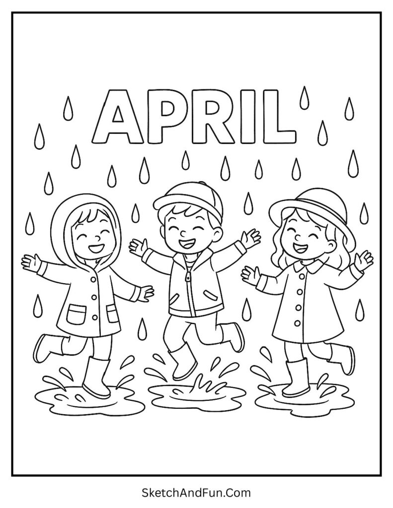 A coloring page of kids dancing in rain under April, april coloring pages free