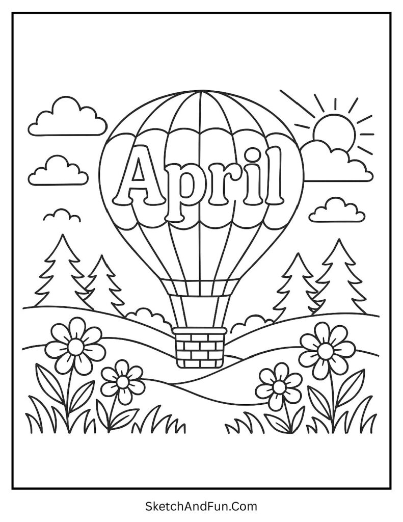A coloring page of hot air balloon with April in sky, april coloring pages download free