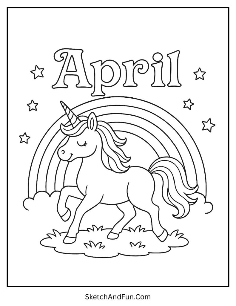 A coloring page of unicorn and rainbow with bold April, april coloring pictures for kids