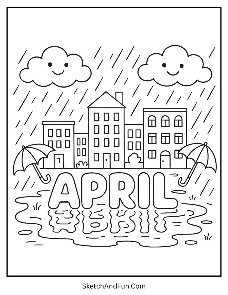 A coloring page of rainy city with April reflecting in puddles, april coloring pages pdf