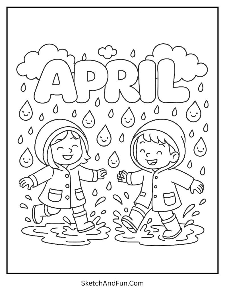 A coloring page of kids splashing in puddles under cloud letters April, april coloring pages for rainy day