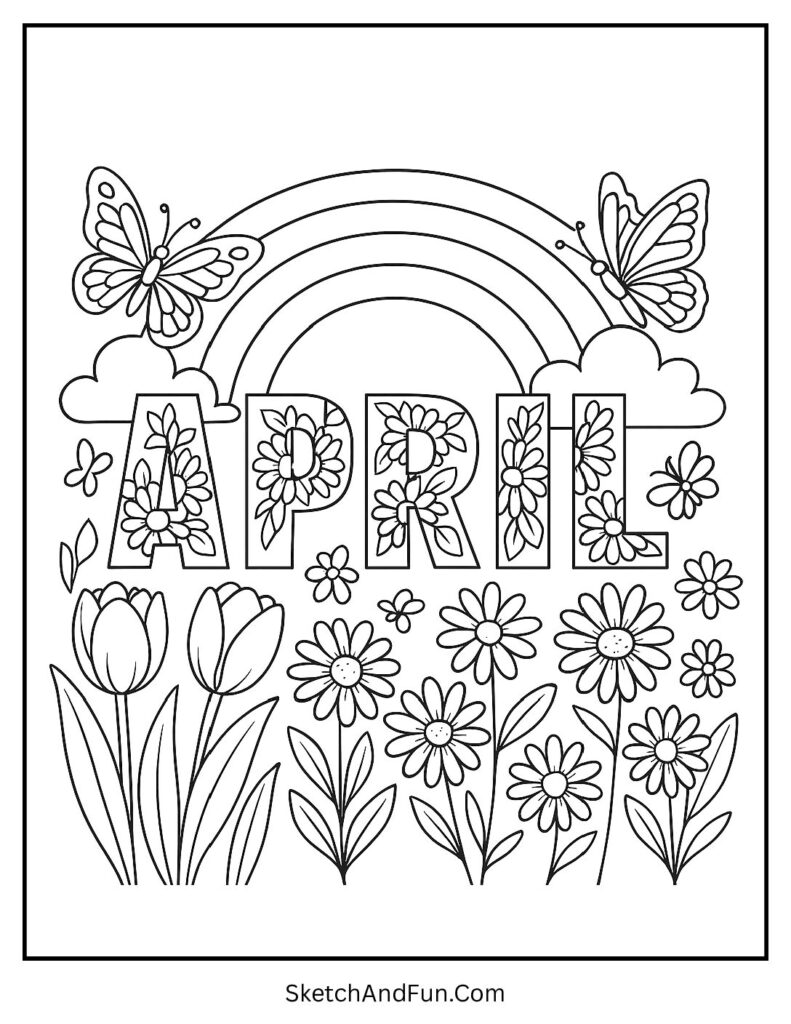 A coloring page of floral April letters with tulips and butterflies, april flowers coloring pages