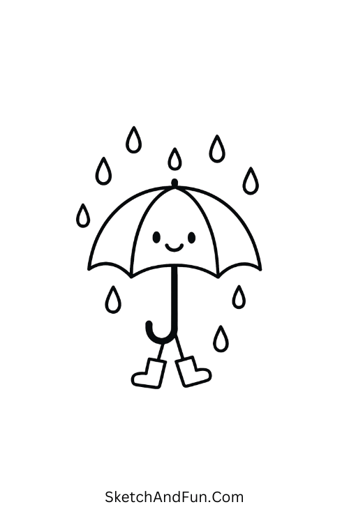 A smiling umbrella with boots and raindrops, rainy day April drawings