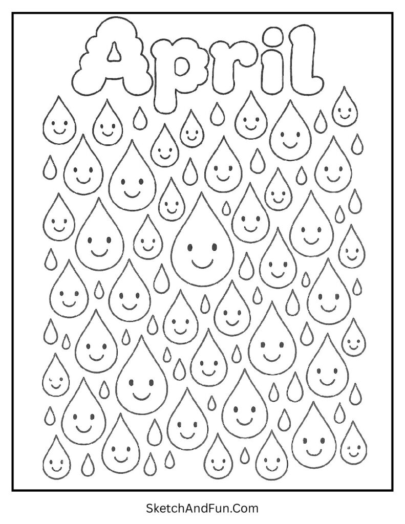 A coloring page of smiling raindrops around cloud April text, april coloring pages for preschool