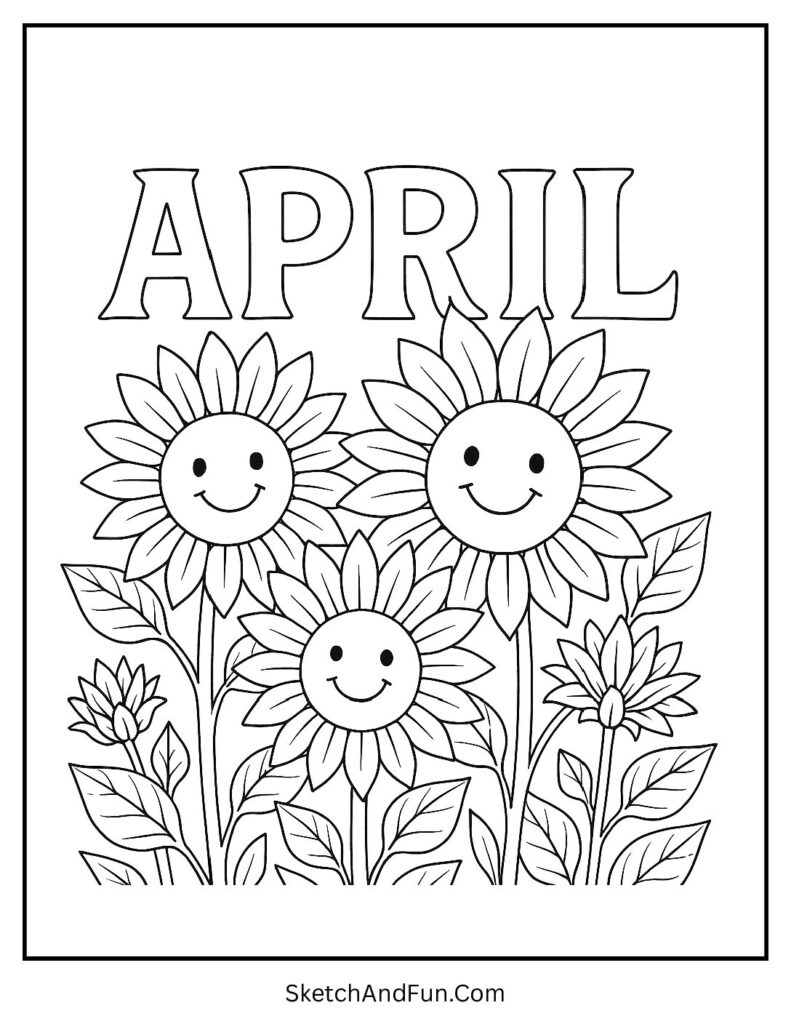 A coloring page of smiling sunflower shaped April letters, free printable april coloring pages