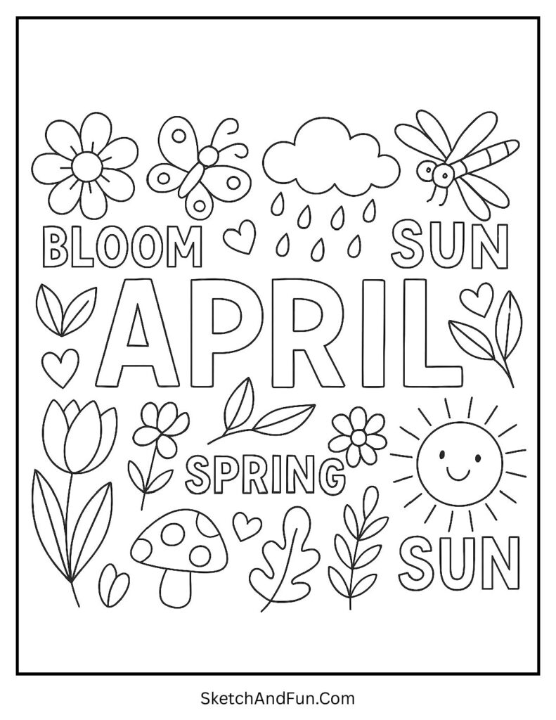 A coloring page of spring words around bold April title, april month coloring page