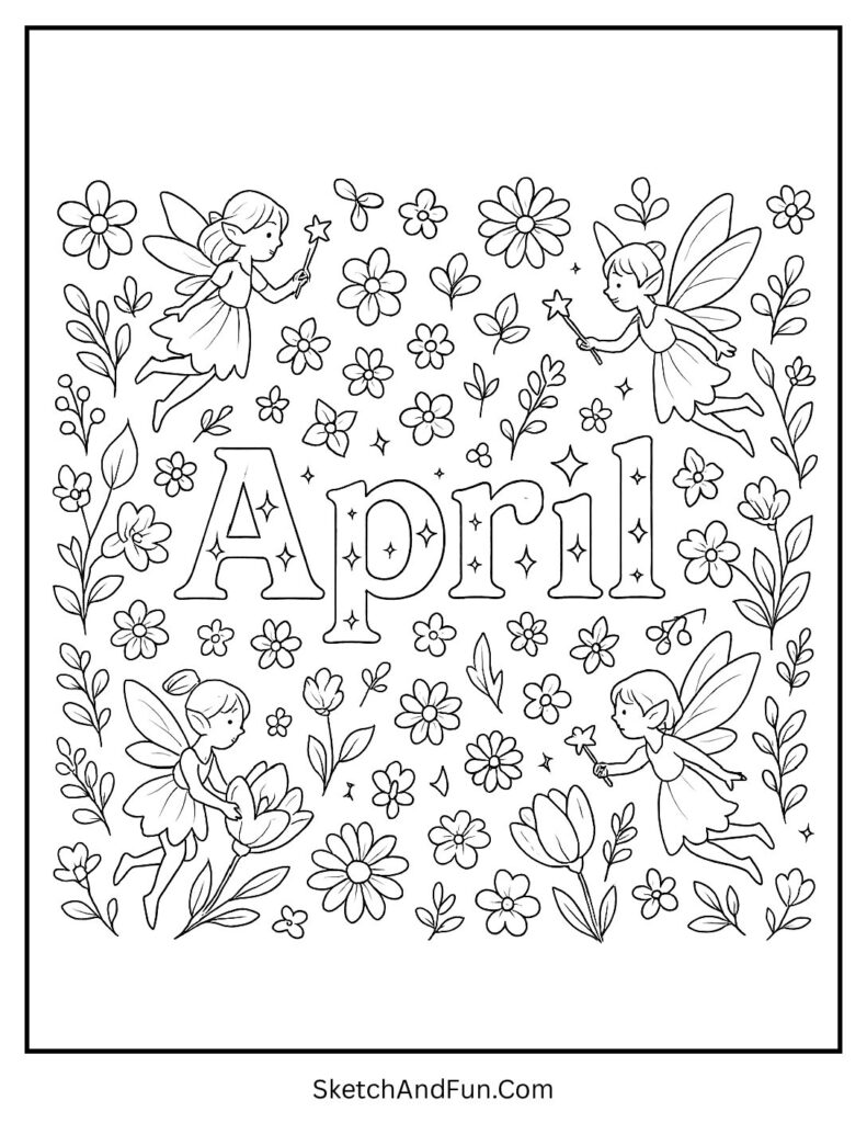 A coloring page of fairy garden with sparkly April text, april coloring pages for art class