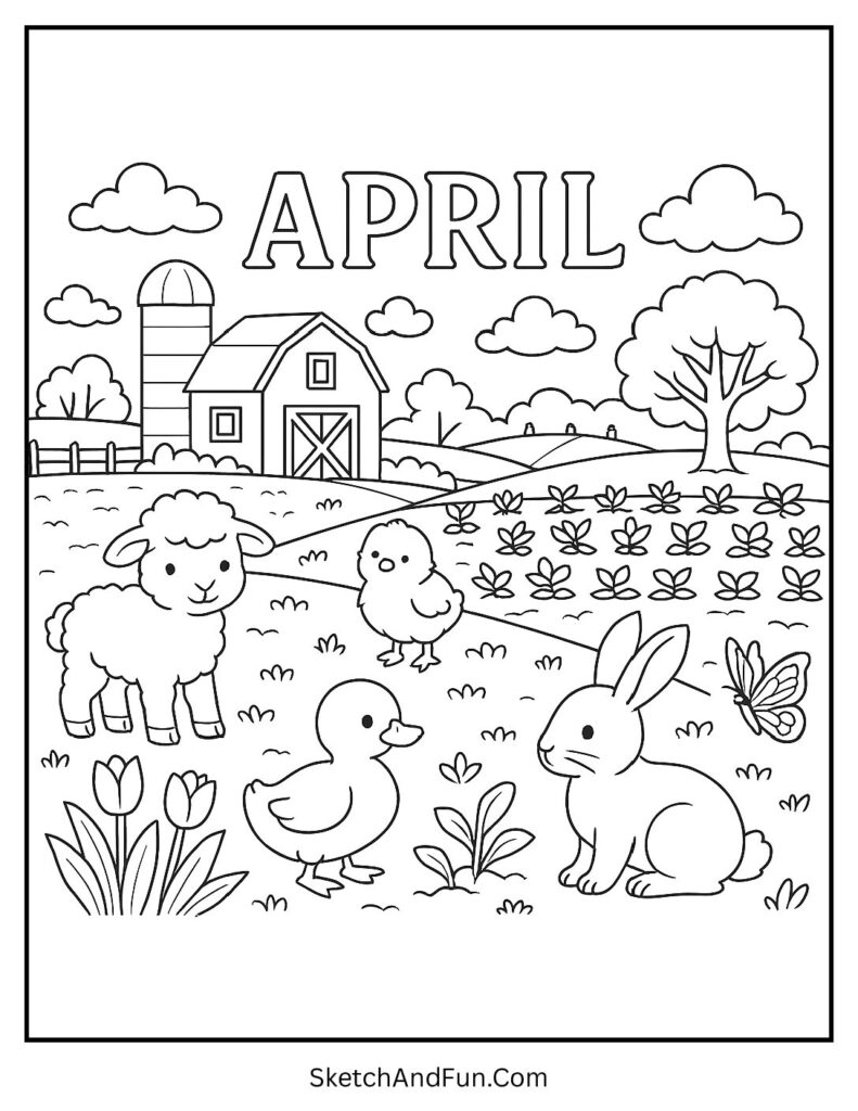 A coloring page of spring farm animals under April heading, april coloring pages for kindergarten