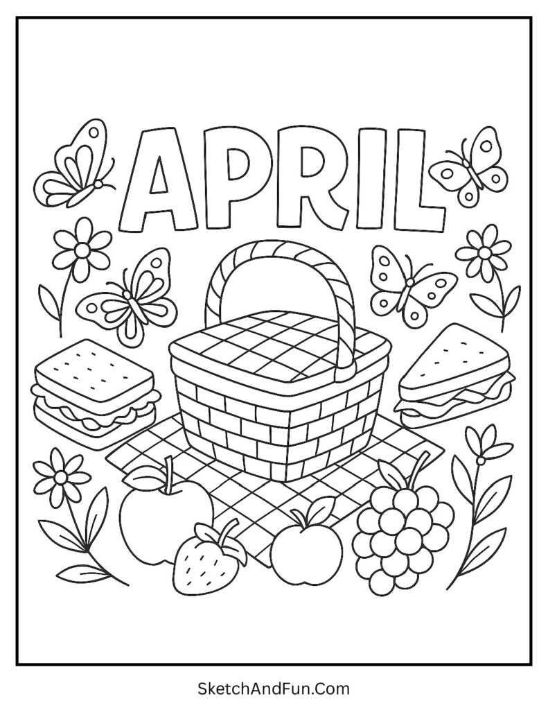 A coloring page of picnic basket and butterflies under April, april coloring pages homeschool
