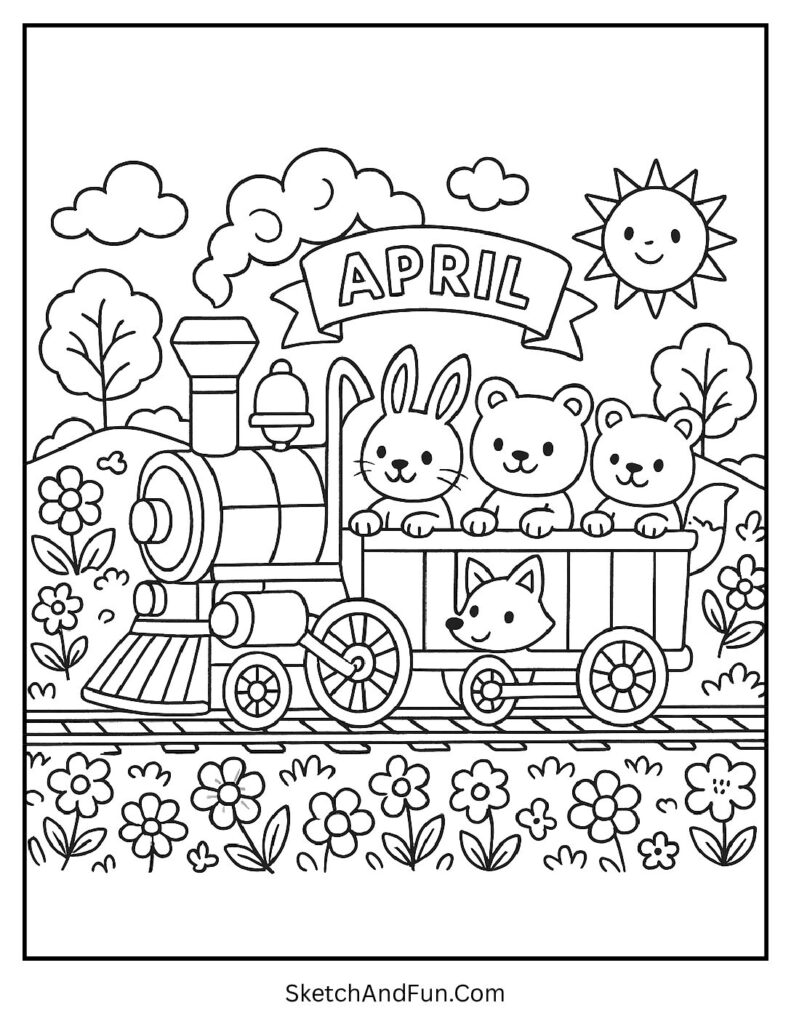 A coloring page of countryside train with big April text, april coloring pages for daycare