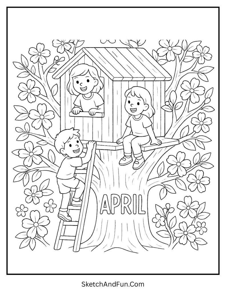 A coloring page of treehouse scene with carved April letters, april coloring pages for grade 1