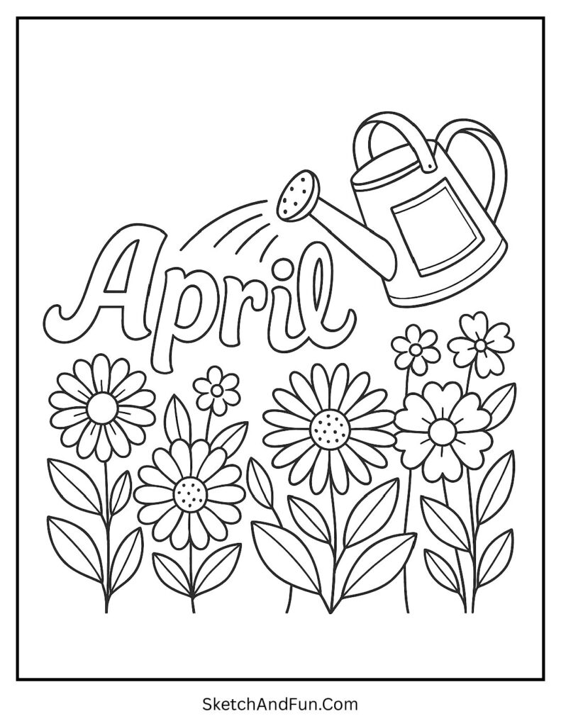 A coloring page of watering can pouring over April letters, april coloring sheets printable