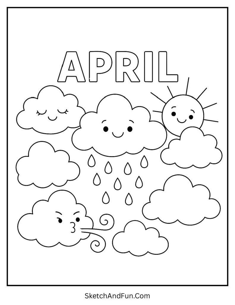 A coloring page of weather icons around April title, april coloring worksheets printable