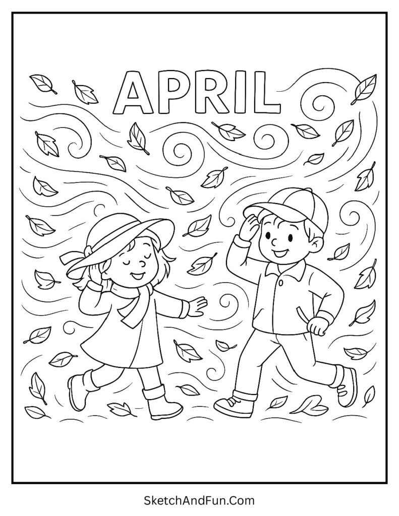 A coloring page of windy sky and bold April letters, april weather coloring pages