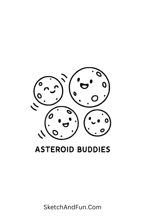 A doodle of playful round asteroids bouncing around in space, space doodle drawing