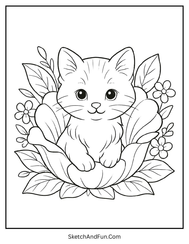 A coloring page of a cat sitting inside a big blossom, easy flower coloring pages