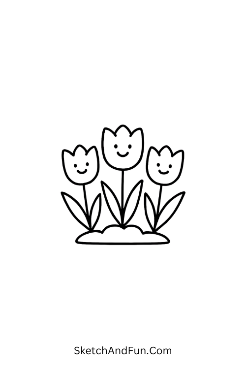 Three cheerful tulips with happy faces, April floral drawing ideas