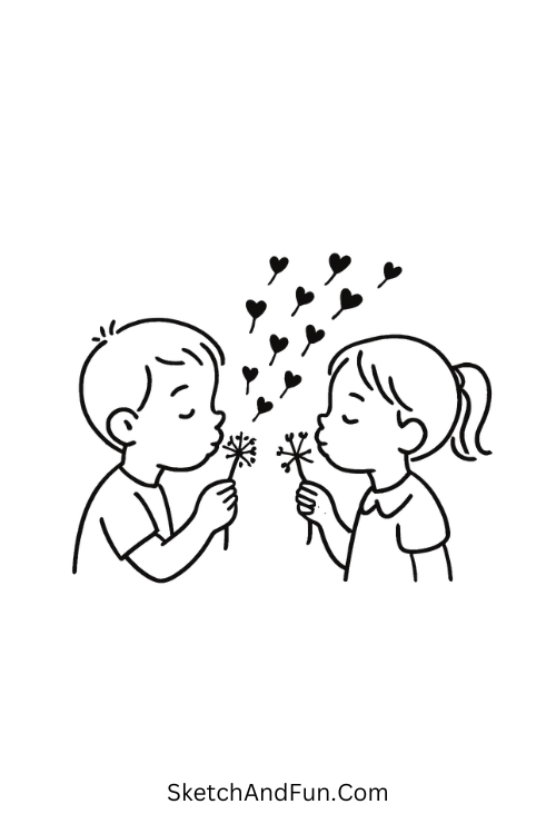Children blowing dandelion seeds turning into hearts, sketchbook April challenge
