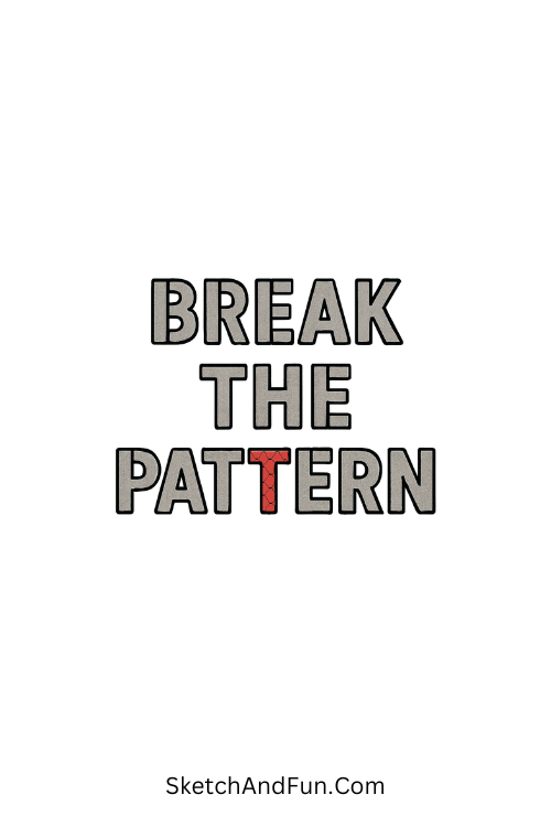 A doodle of repeating stencil text with cracked letter, graffiti doodles step by step