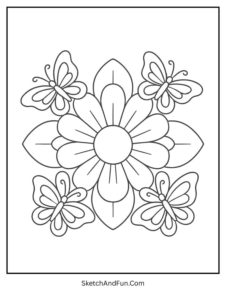 A coloring page of a round floral mandala with butterflies, mandala flower coloring pages