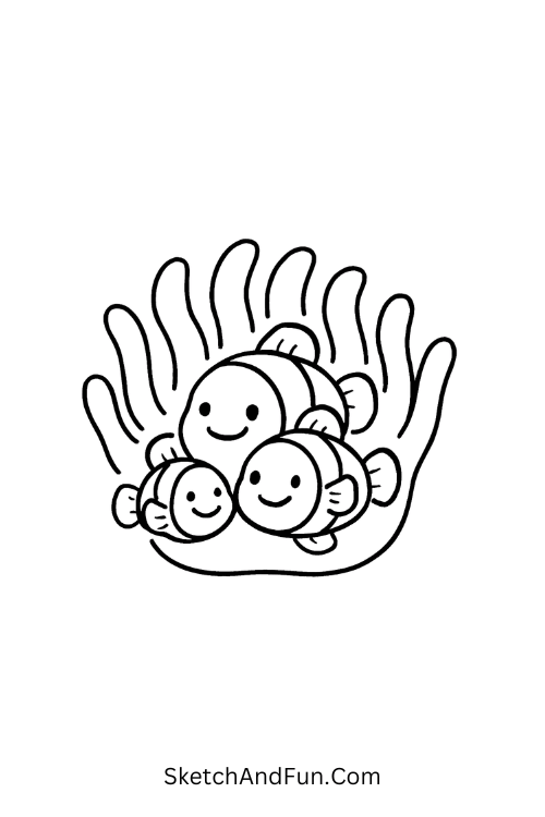 A drawing of a clownfish family peeking from a wavy anemone, ocean reef drawing