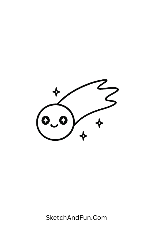 A doodle of a cheerful comet zooming with a wiggly tail, galaxy doodles